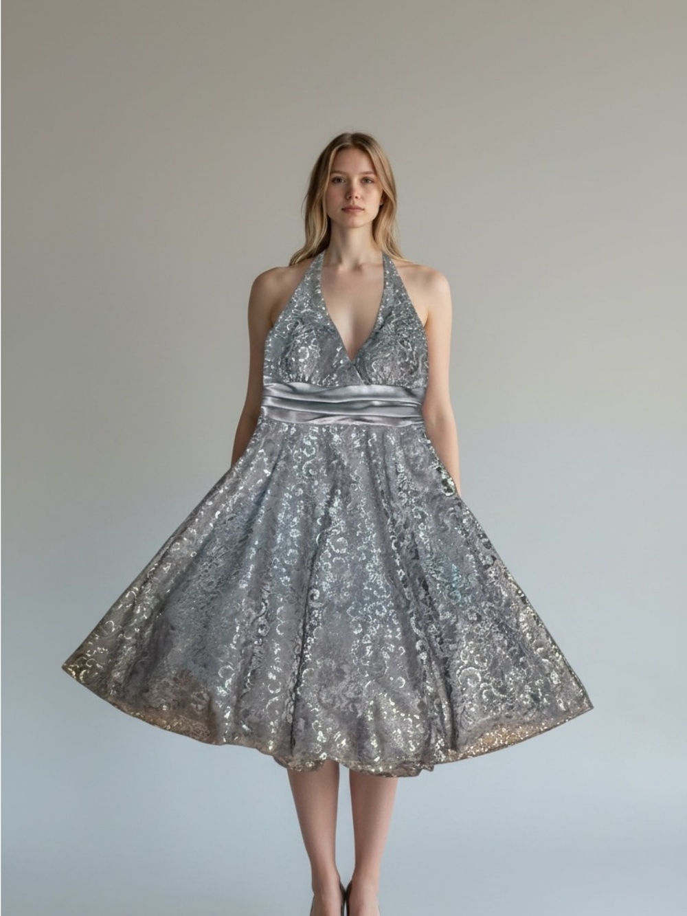 Betsy & Adam By Linda Bernell Silver Halter Fit-and-Flare Midi Cocktail Dress